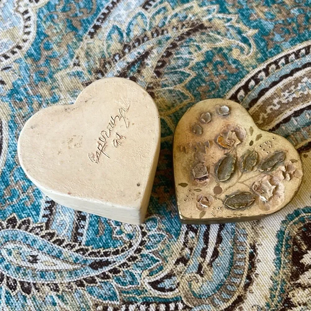 Pottery Heart Trinket Box Signed 1999 Floral Lid Vintage